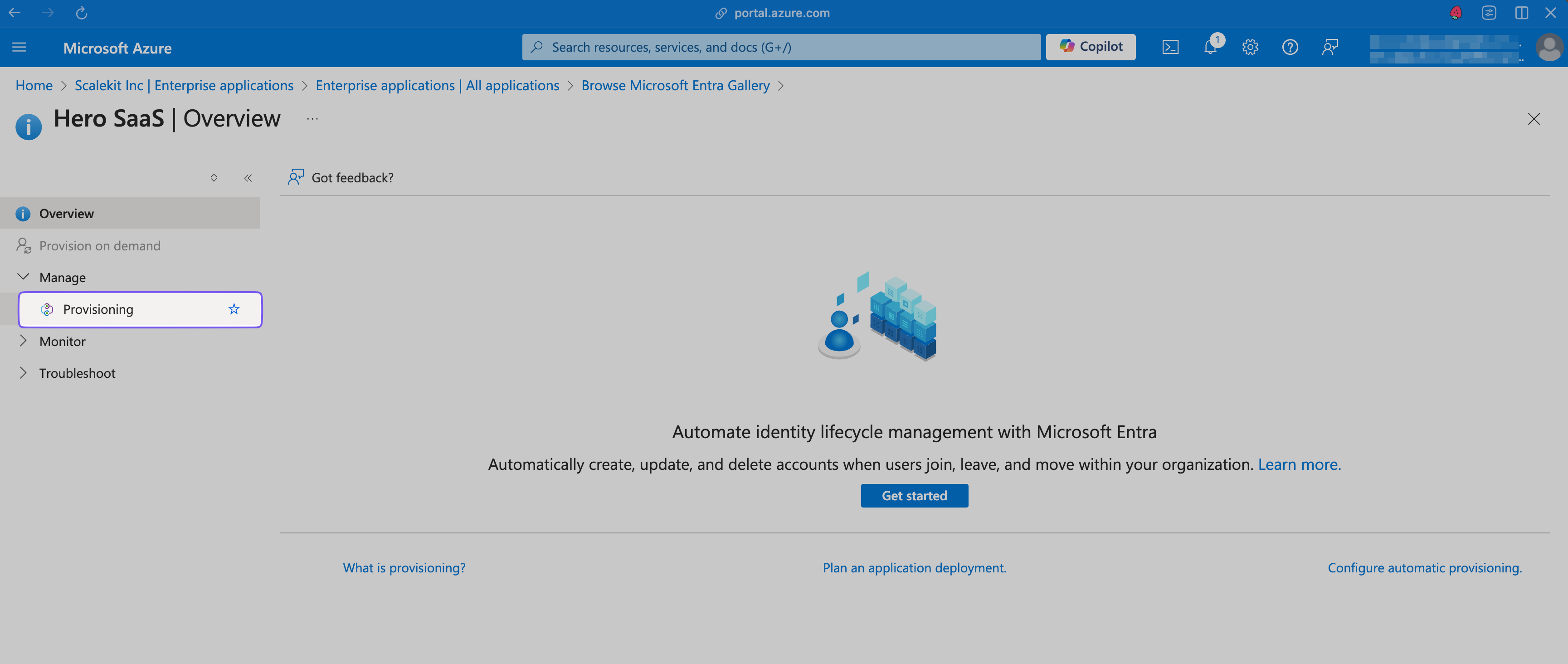 Configuring provisioning for the "Hero SaaS" app.