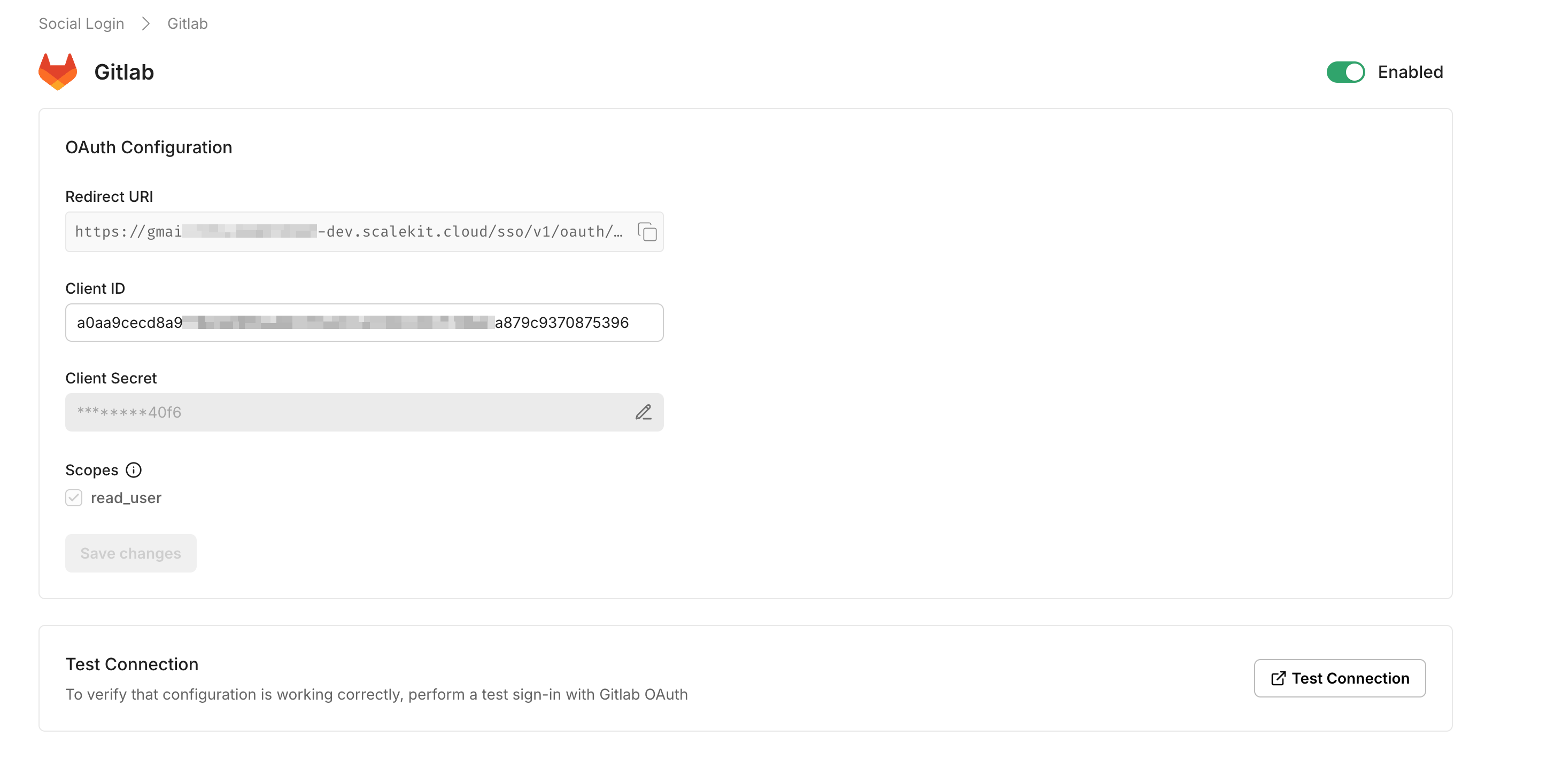 GitLab OAuth configuration for social login, showing redirect URI, client ID, and scopes for
authentication.